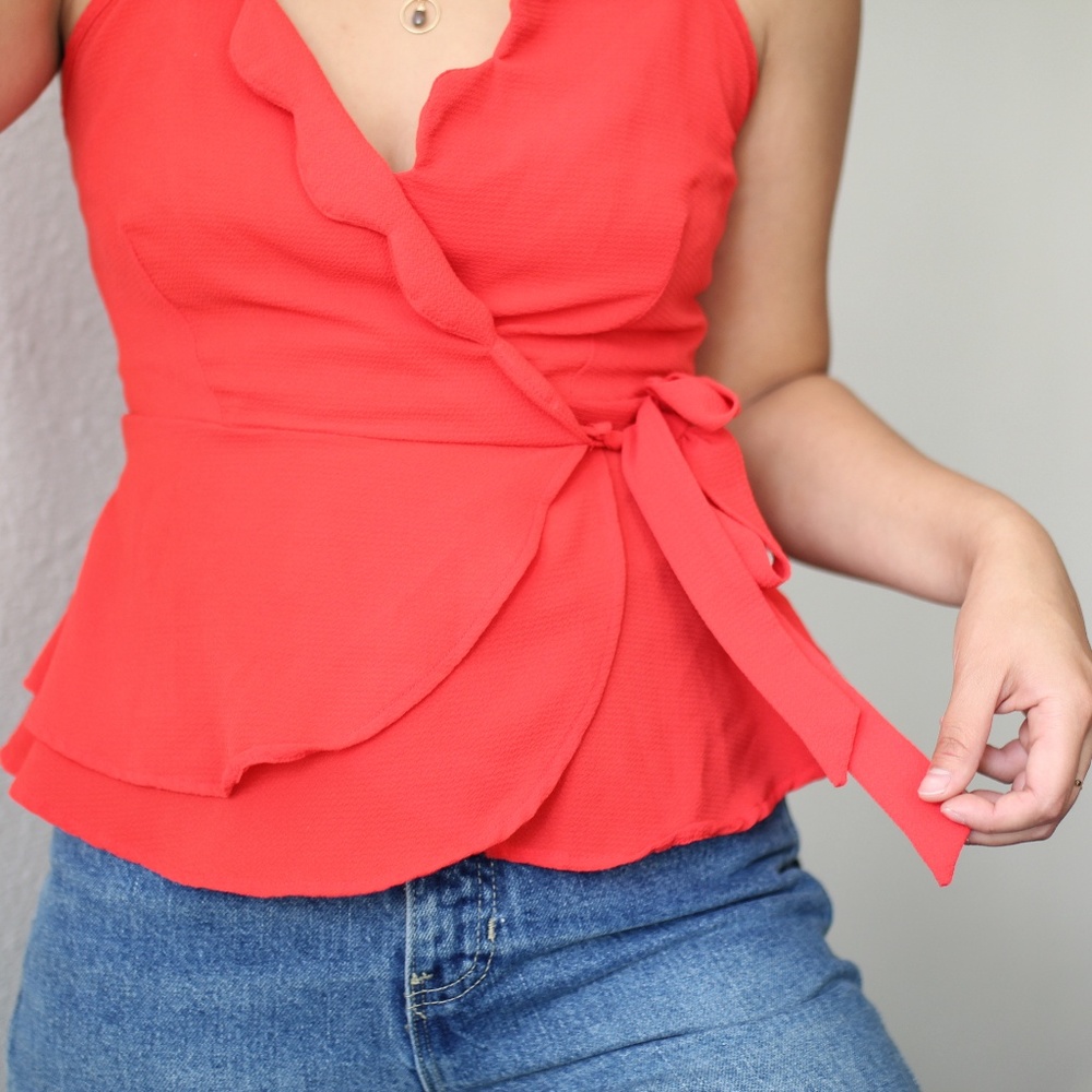 Red-Orange Ruffled Wrap Top - Picture 3 of 4